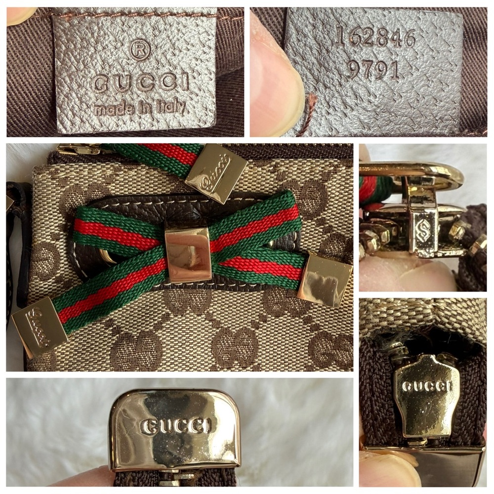 Gucci Beige/Brown GG Canvas Wristlet with Green/Red Bow - Picture 8 of 9